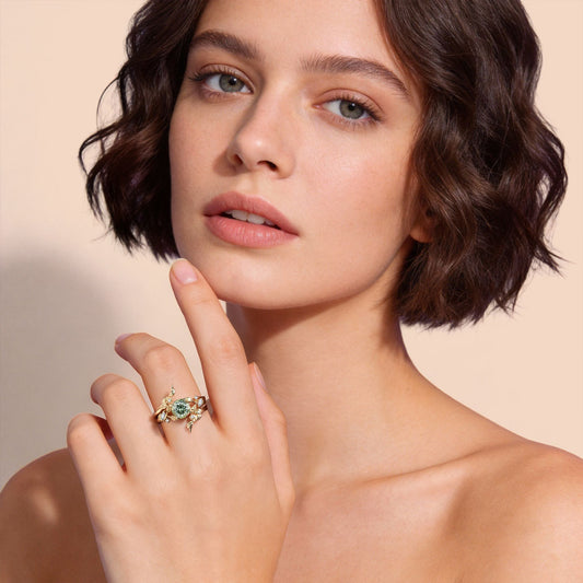 Gnoce Nature-Inspired Leaf & Floral Round-cut Engagement Ring Set_3
