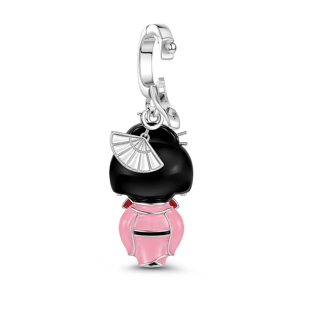 Gnoce Japanese Kokeshi Fan Girl Clasp Dangle Charm Platinum-plated Silver Blend_7