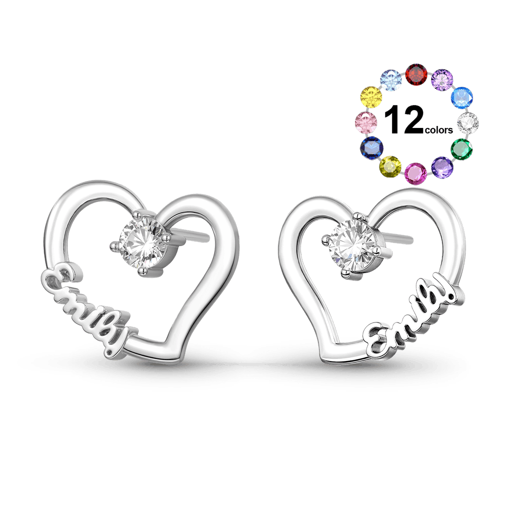 Gnoce Personalized Heart Name Earrings with Custom Birthstone_1