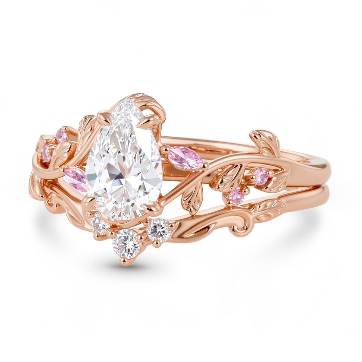 Gnoce Nature-Inspired Leaf Pear-Cut Engagement Ring Set_4
