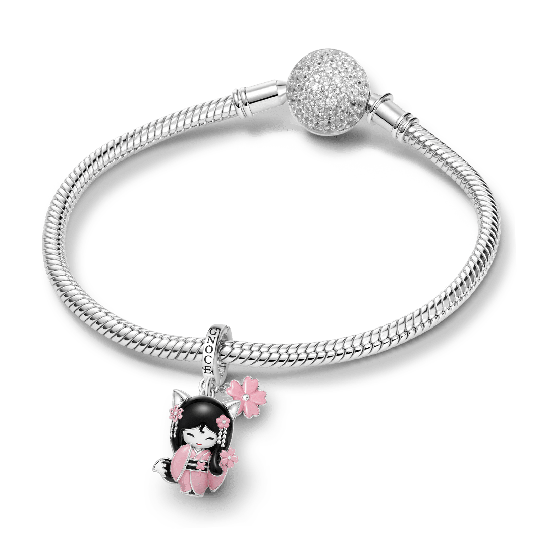 Gnoce Japanese Kokeshi Girl Clasp Dangle Charm Platinum-plated Silver Blend_4
