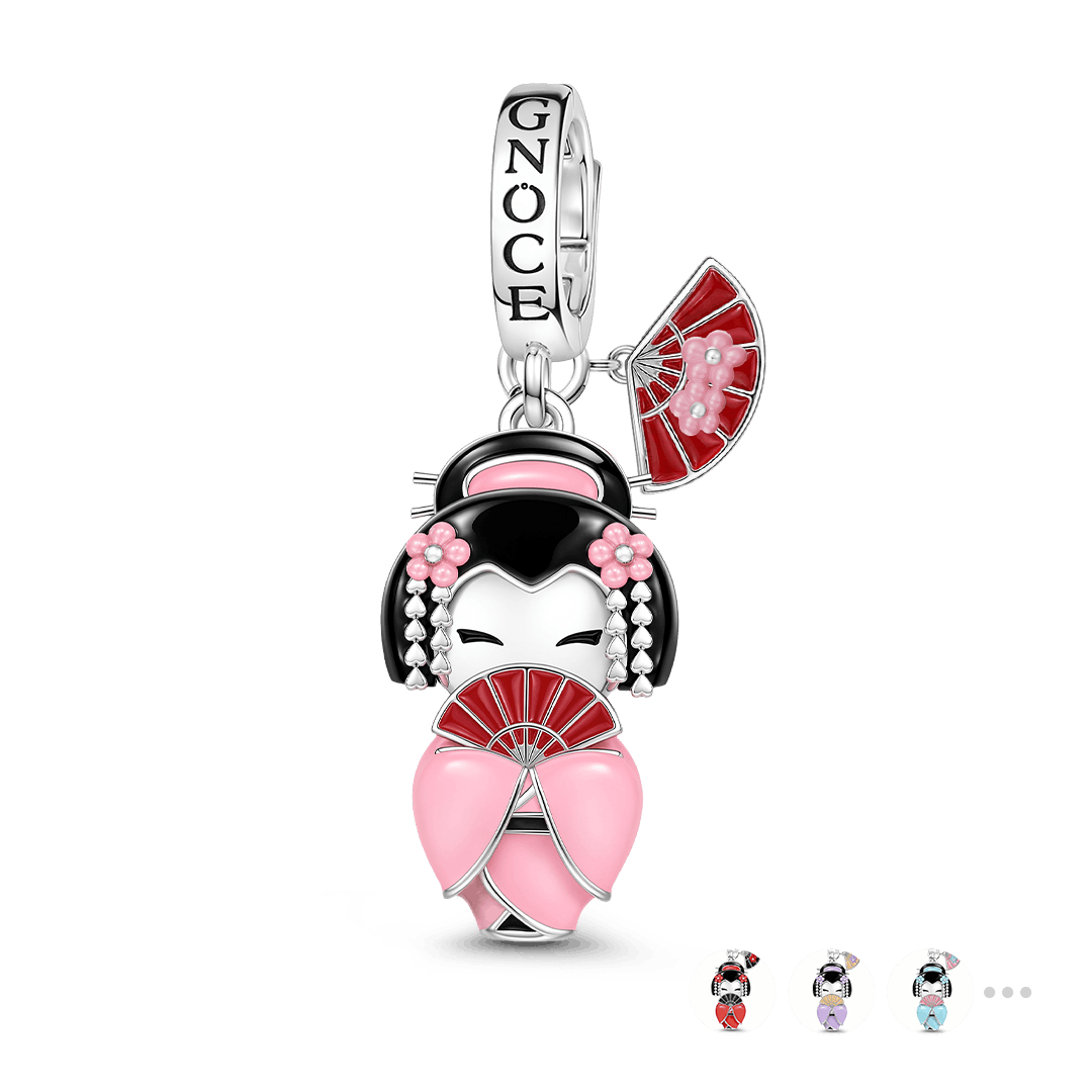 Gnoce Japanese Kokeshi Fan Girl Clasp Dangle Charm Platinum-plated Silver Blend_1