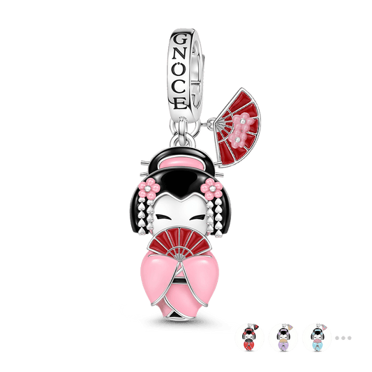 Gnoce Japanese Kokeshi Fan Girl Clasp Dangle Charm Platinum-plated Silver Blend_1