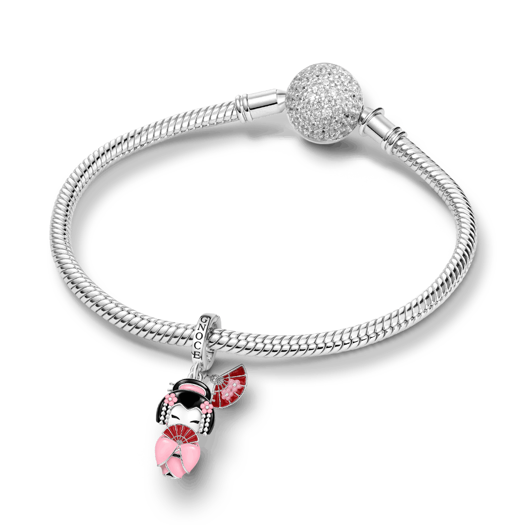 Gnoce Japanese Kokeshi Fan Girl Clasp Dangle Charm Platinum-plated Silver Blend_4