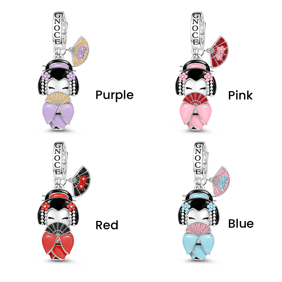 Gnoce Japanese Kokeshi Fan Girl Clasp Dangle Charm Platinum-plated Silver Blend_2