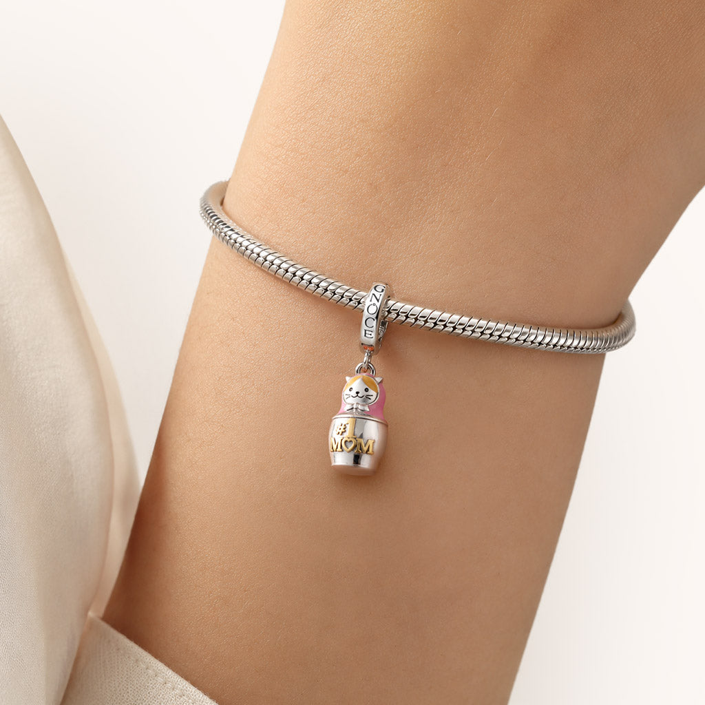 Gnoce Mother & Child Matryoshka Engravable Pendant Dangle Charm Platinum-plated Silver Blend_3