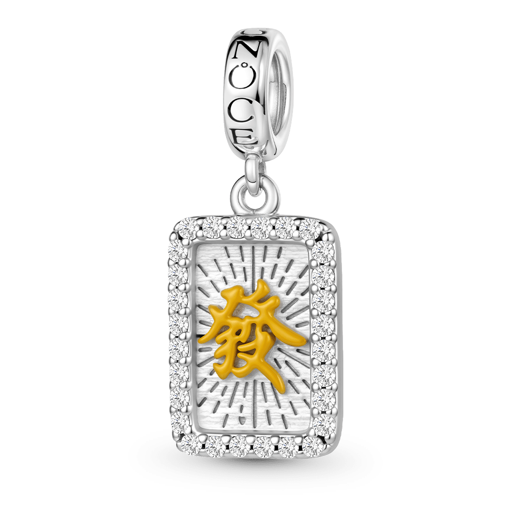 Gnoce Fortune "Fa" Mahjong Rectangle Dangle Charm Platinum-plated Silver Blend_1