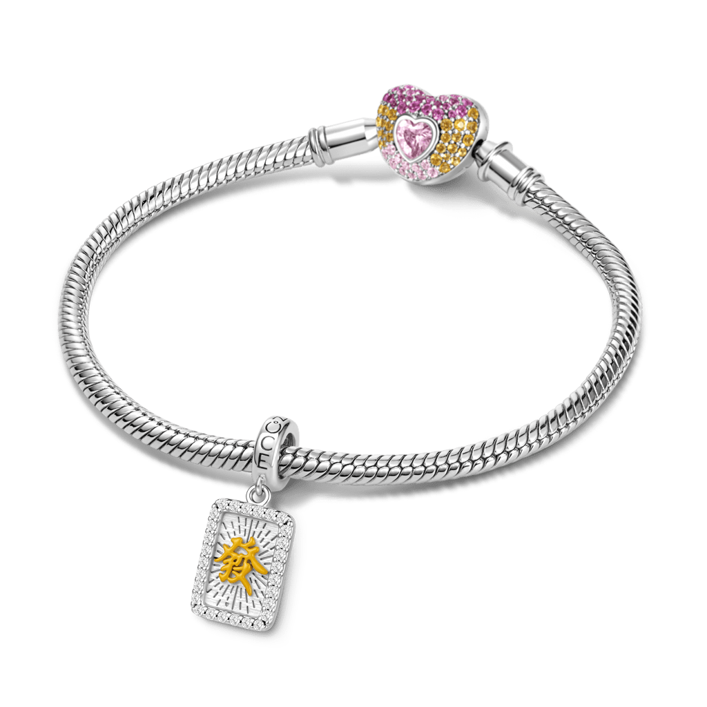 Gnoce Fortune "Fa" Mahjong Rectangle Dangle Charm Platinum-plated Silver Blend_3