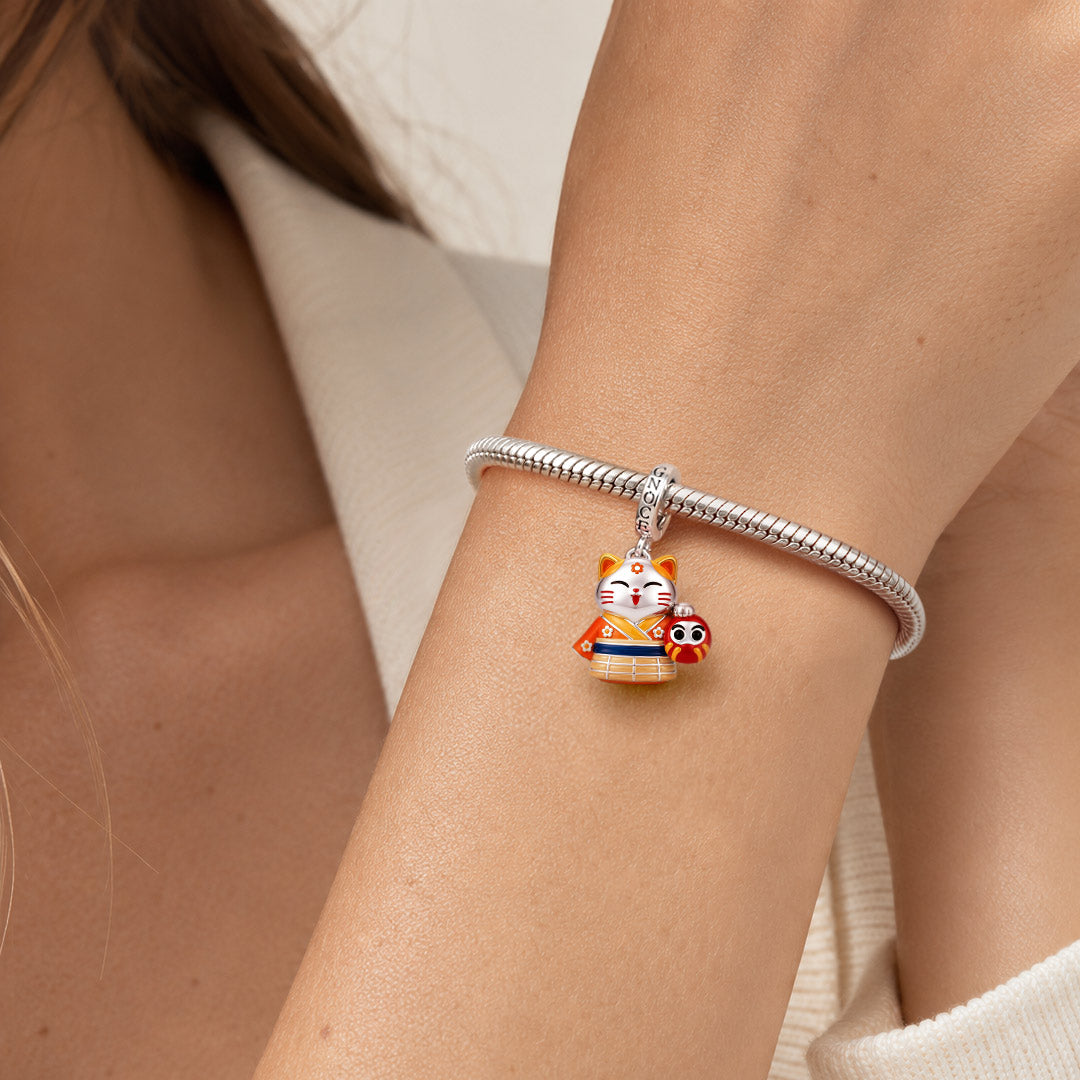 Gnoce Japanese Glow In Dark Lucky Cat Daruma Clasp Dangle Charm Platinum‑plated Silver Blend_3