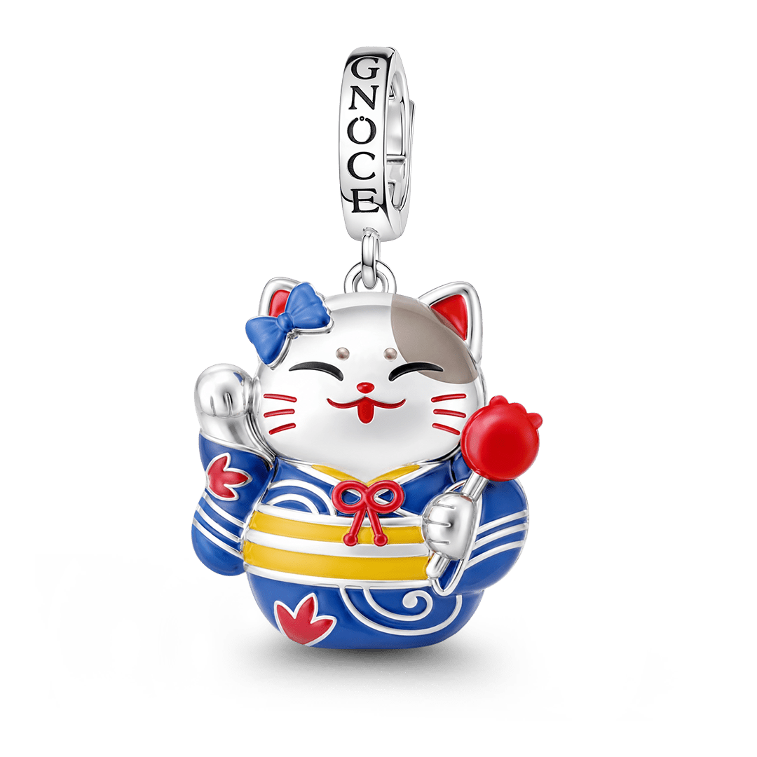 Gnoce Glow In Dark Japanese Lucky Cat Clasp Dangle Charm Platinum‑plated Silver Blend_2