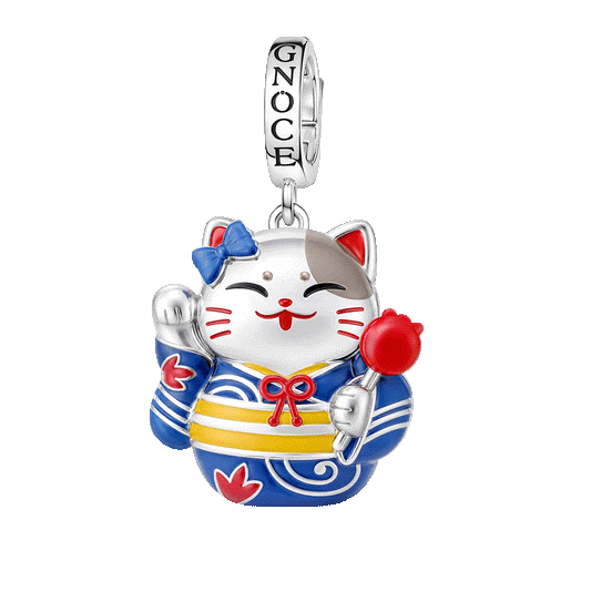 Gnoce Glow In Dark Japanese Lucky Cat Clasp Dangle Charm Platinum‑plated Silver Blend_1